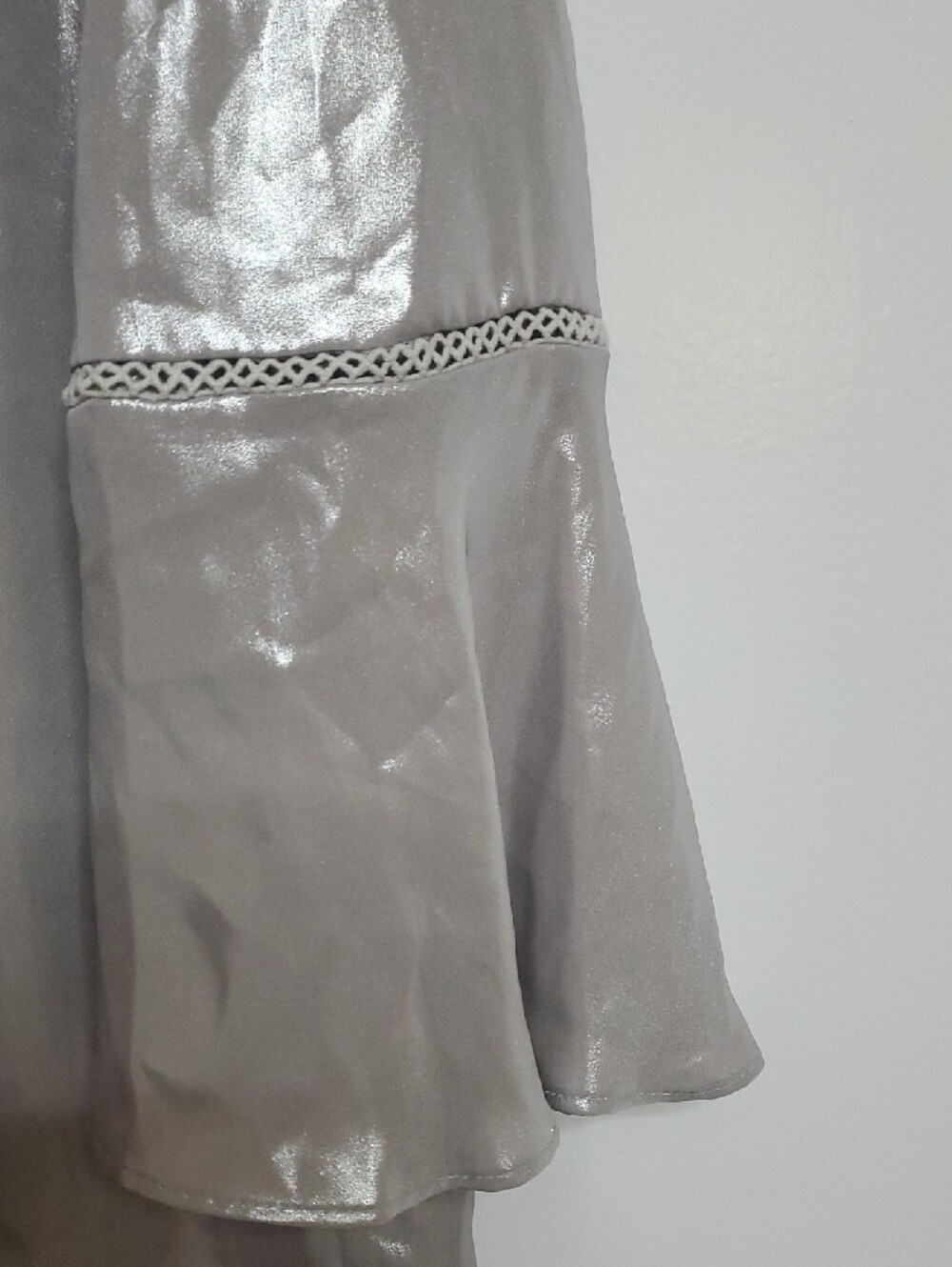 Karl Lagerfeld Silver Metallic Tie-Neck Bell Sleeve Blouse - Picture 6 of 9